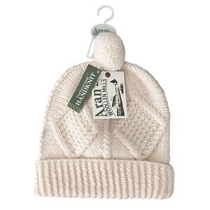 Aran Woollen Mills Cream Merino Wool Winter Hat Cable Knit Neutral Ireland Irish